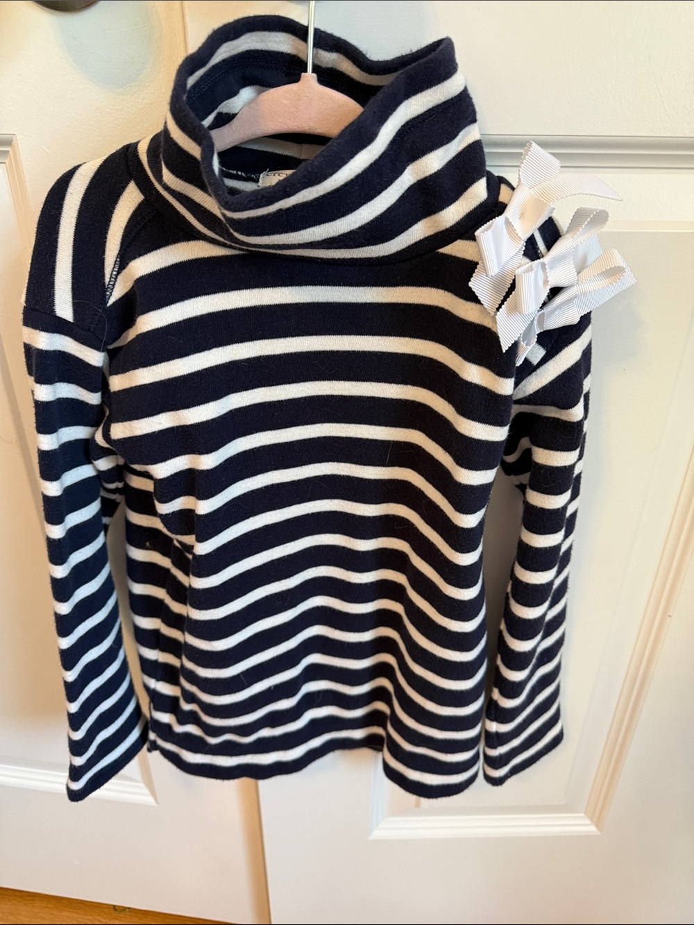 Crewcuts Navy and White Striped Turtleneck with Shoulder Bow